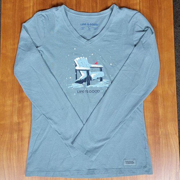 Blue Grey Snowy Adirondack Chair Cardinal Long Sleeve Crusher V-Neck Tee - S - Picture 4 of 7